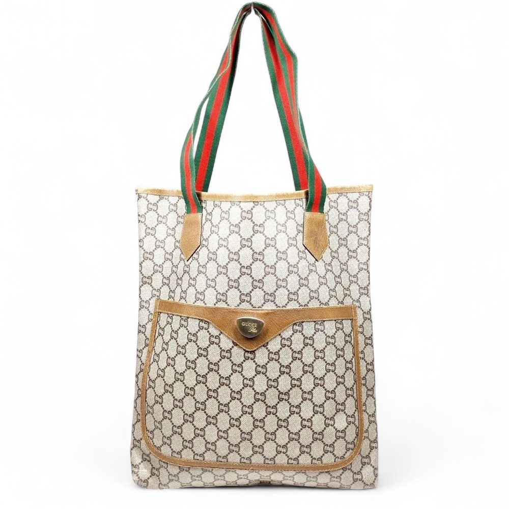 Gucci Beige and Tan Monogram Tote with Red and Green Straps/Authentic